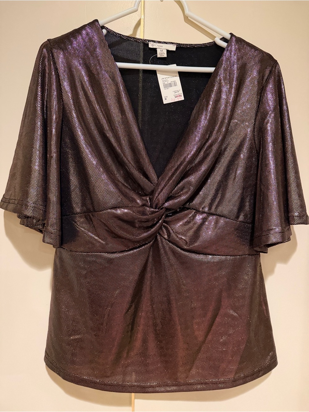 Worthington Metallic Knot-Front V-Neck Blouse - Iridescent Purple
